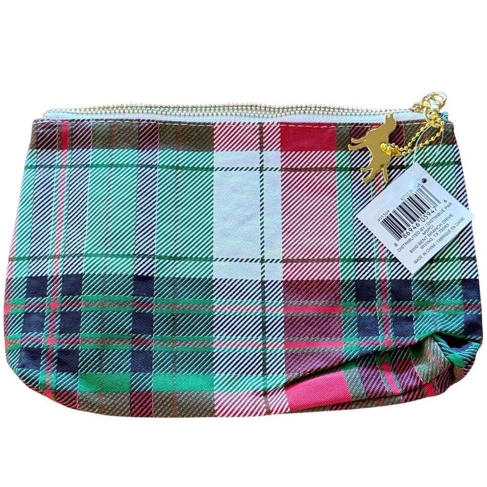 MSPCI Plaid Cosmetic Bag Dog Zipper Pull Red Green Tartan Pouch New